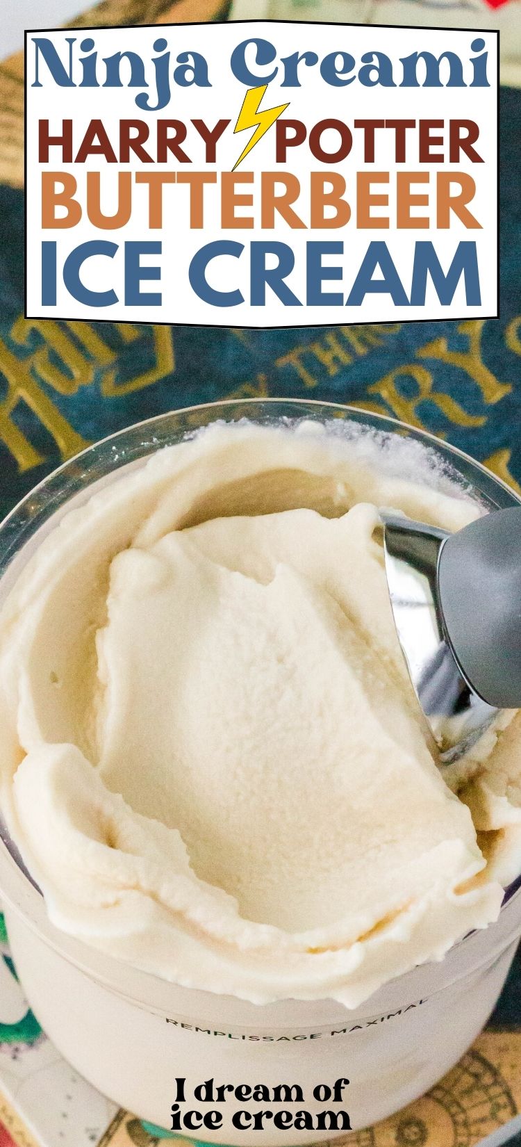 overhead view of the top of a Ninja Creami pint container filled with butterbeer ice cream, inspired by the Harry Potter books and movies.