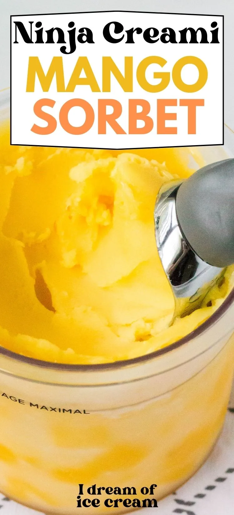 close-up of an ice cream scoop in a ninja creami pint of mango sorbet