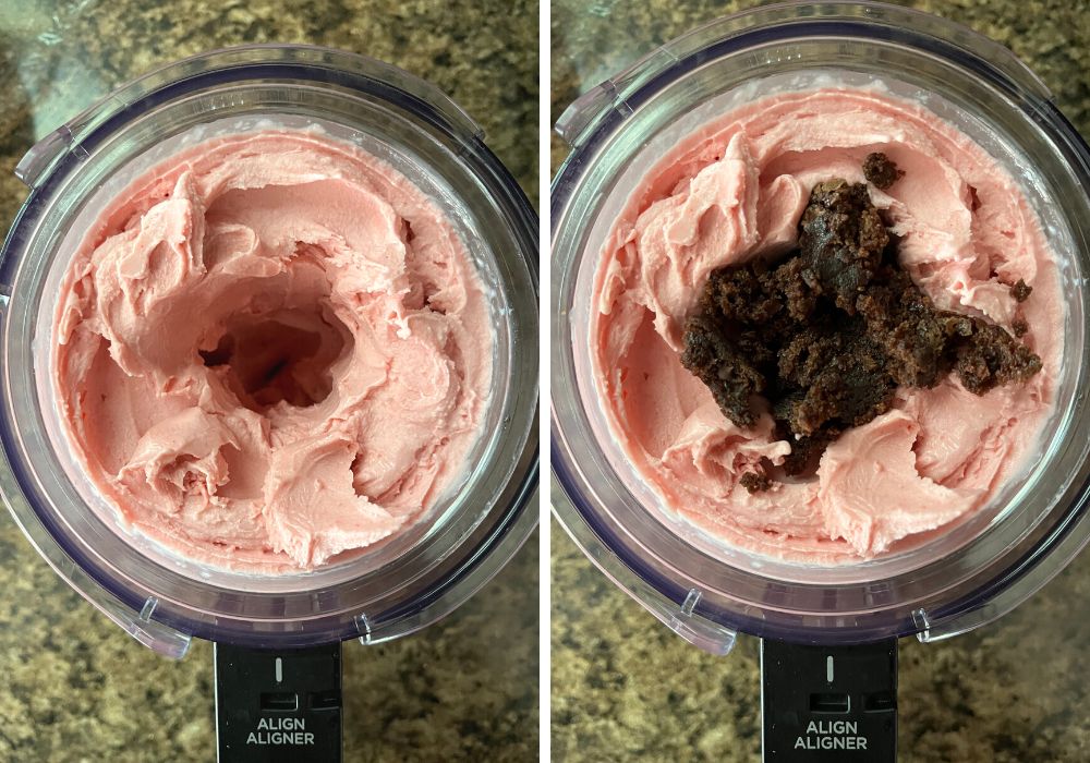 two photos; one shows the Ninja Creami pint of cherry ice cream with a well in the middle. The other shows brownie bits added to the well, ready for the mix-in cycle.