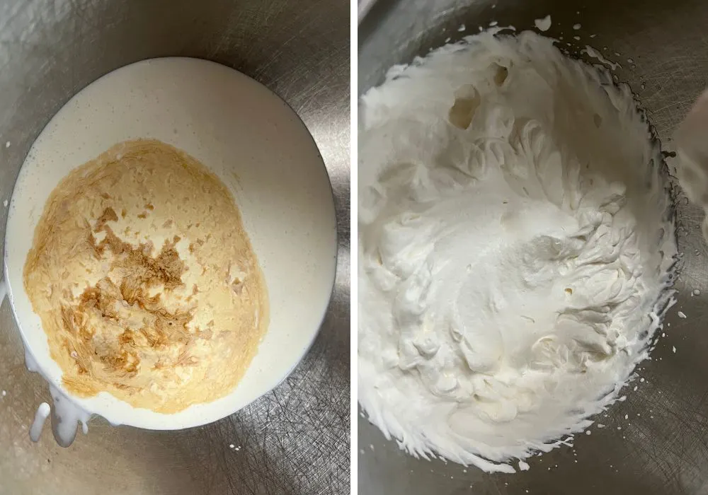 two photos; one shows heavy cream and vanilla extract in a mixing bowl; the other shows the mixture beaten until stiff peaks form.