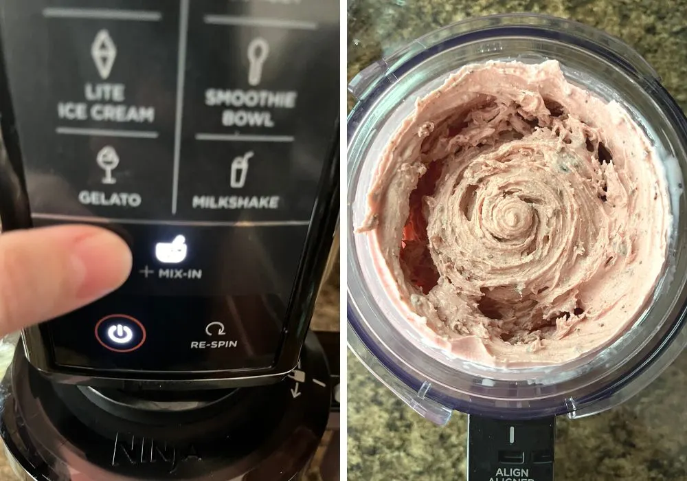 Two photos; one shows a woman's finger pointing to the Mix-In button on the Ninja Creami machine. The other shows the pint of cherry ice cream with brownie bits mixed in.