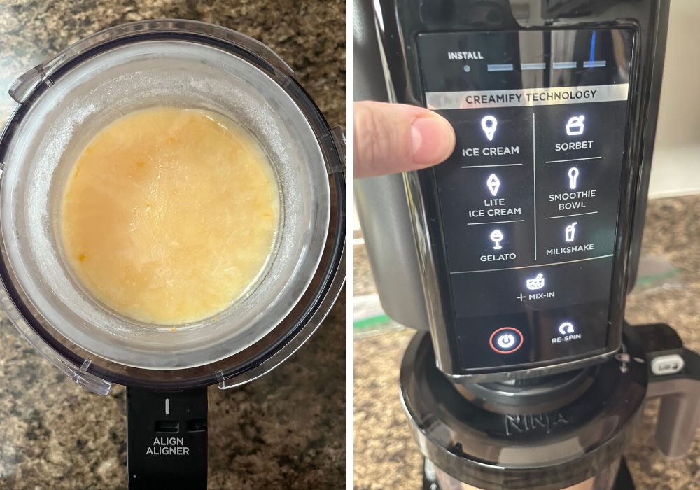two photos; one shows the overhead view of the ninja creami pint with frozen orange sherbet base in it; the other shows a woman's finger pointing to the ice cream button on the ninja creami ice cream machine.