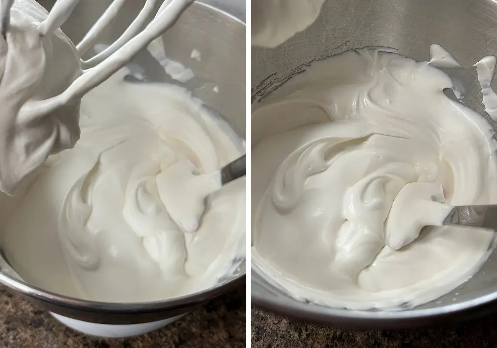 two photos; one shows the whisk attachment above the mixing bowl of cream and condensed milk; the other shows the mixture combined