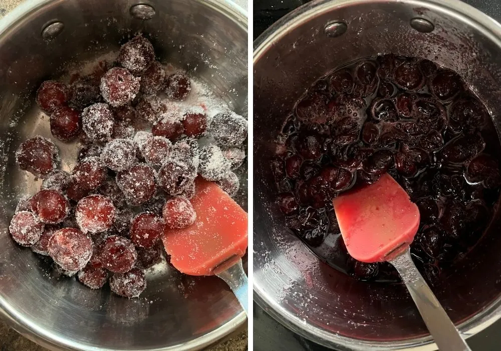 two photos; one shows frozen cherries and sugar mixed together in a saucepan, the other shows the mixture cooked, with cherry juices released