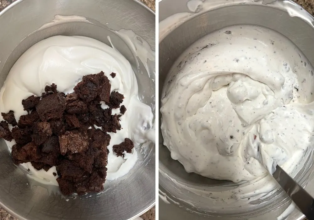 two photos; one shows brownie chunks added to the sweet cream mixture; the other shows the brownie chunks folded into the cream, making the ice cream base.