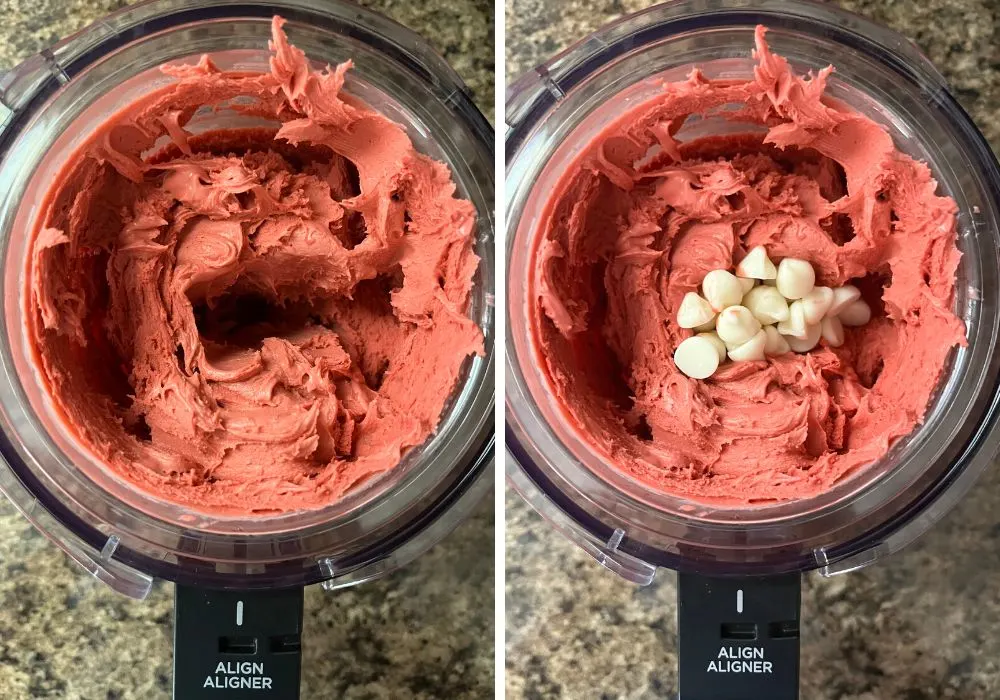 two photos; one shows a well created in the red velvet ice cream base, the other shows white baking chips added to the well for mixing in.