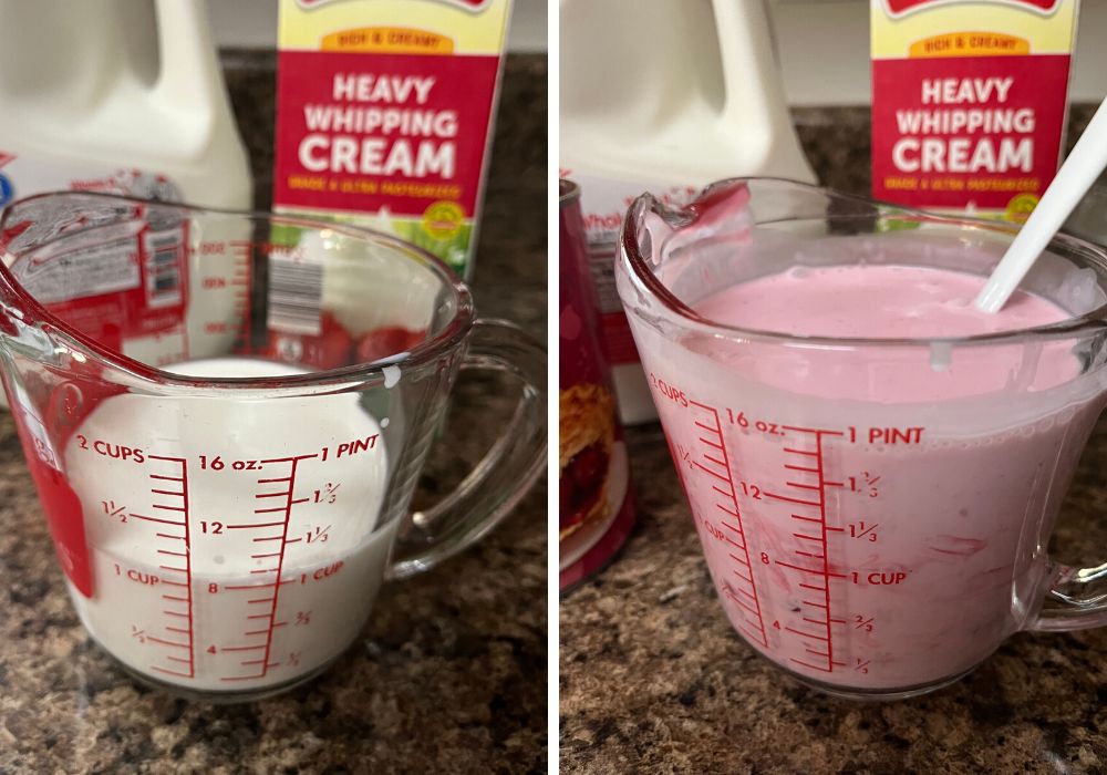 two photos; one shows milk and heavy cream mixed in a glass measuring cup. The other shows the cherry pie filling added into the milk/cream mixture, making a pink ice cream base.