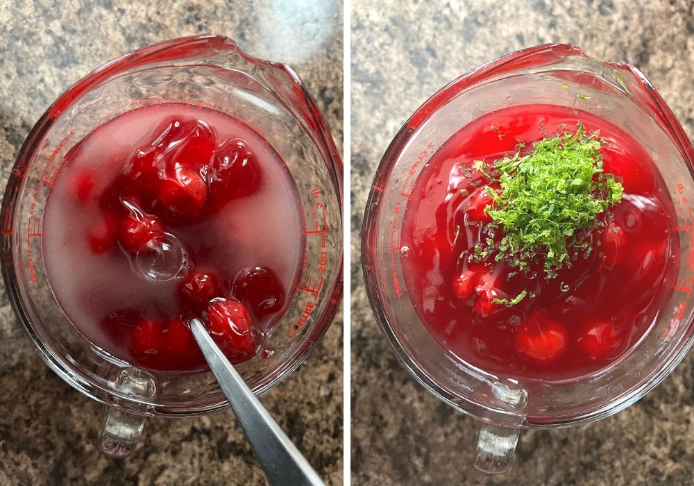 Two photos; one shows cherry pie filling and lime juice in a measuring cup. The other shows lime zest added to the mixture.