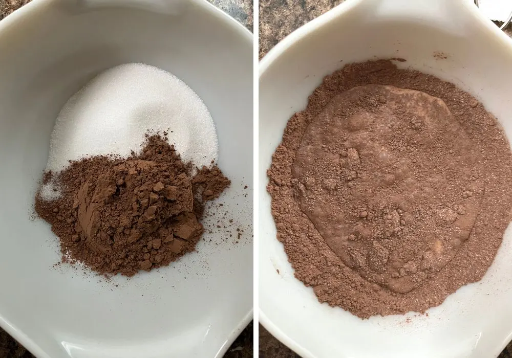two photos; one shows lakanto monkfruit sweetener, cocoa powder, and salt in a mixing bowl. The other shows milk added to the dry ingredients.