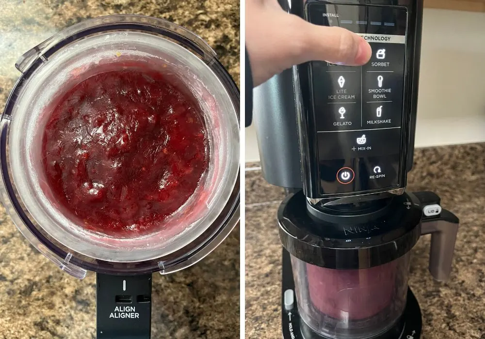 two photos; one shows the frozen base in the ninja creami pint container placed into the outer bowl apparatus. The other shows the outer bowl locked into place in the ninja creami machine, with a woman's finger pointing at the sorbet button.
