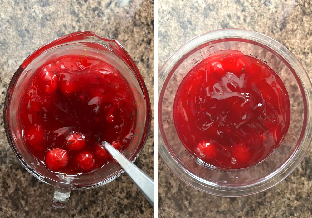 Two photos; one shows the cherry lime sorbet mixture in the glass measuring cup; the other shows the mixture transferred to a ninja creami pint container.