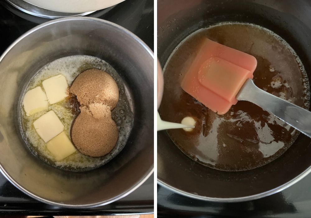 two photos; one shows butter and brown sugar melting in a saucepan; the other shows heavy cream being added to the melted mixture while being mixed with a rubber spatula.