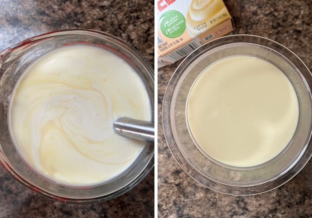 two photos; one shows heavy cream and vanilla extract added to the milk/pudding mixture in the measuring cup. The other shows the mixture transferred to a ninja creami pint for freezing.