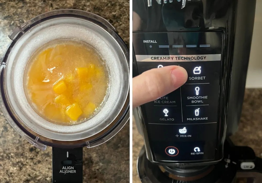 two photos; one shows frozen mangos in a ninja creami pint; the other shows a woman's finger pointing at a sorbet button on a ninja creami machine