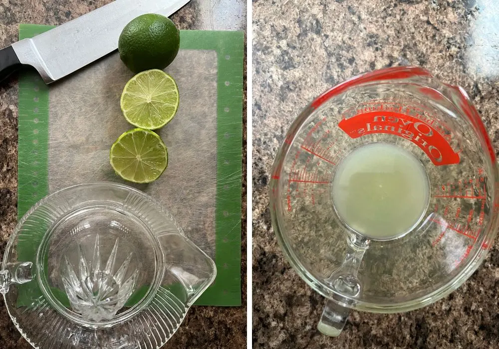 Two photos; one shows fresh limes next to a juicer and a knife. The other shows fresh lime juice in a glass measuring cup.