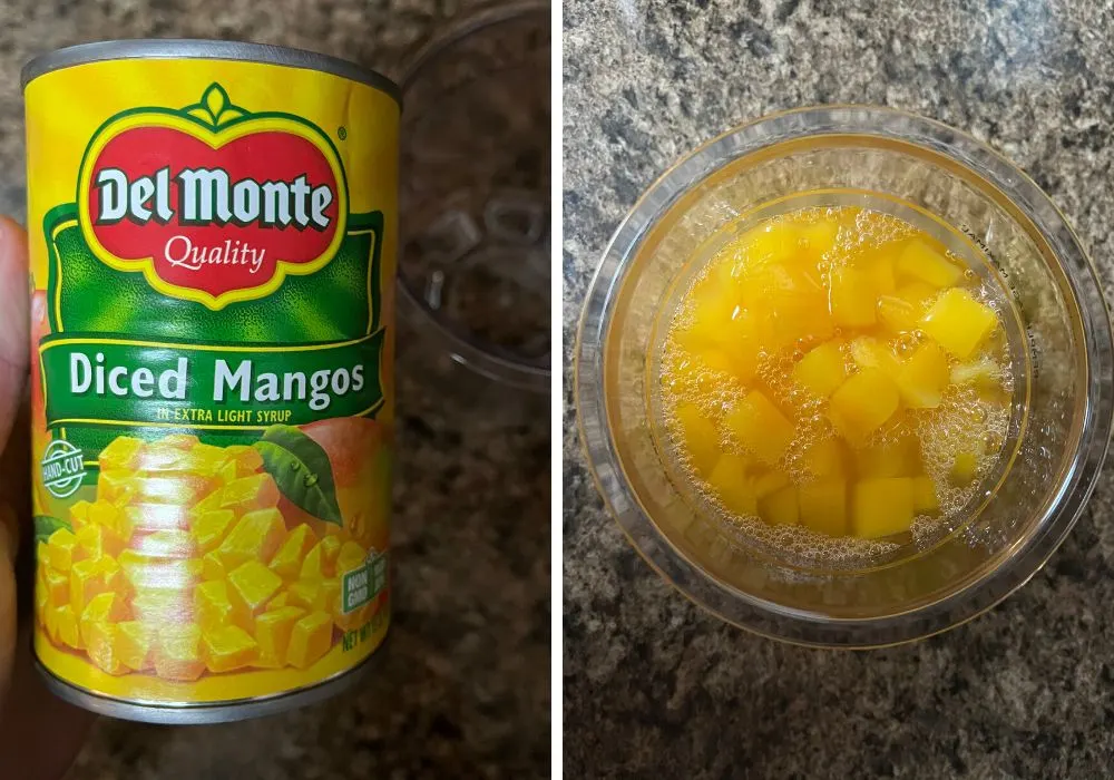 two photos; one shows a can of Del Monte diced mangos, the other shows the mangos added to a ninja creami pint for freezing.