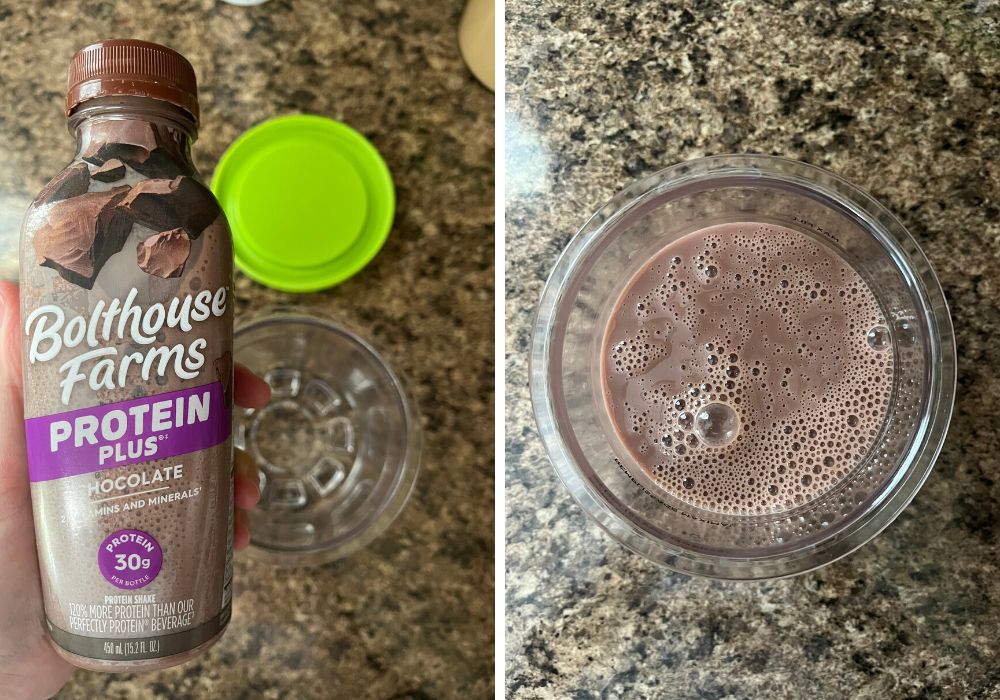 two photos; one shows a bottle of chocolate protein shake (Bolthouse Farms brand); the other shows the shake poured into a Ninja Creami pint container.