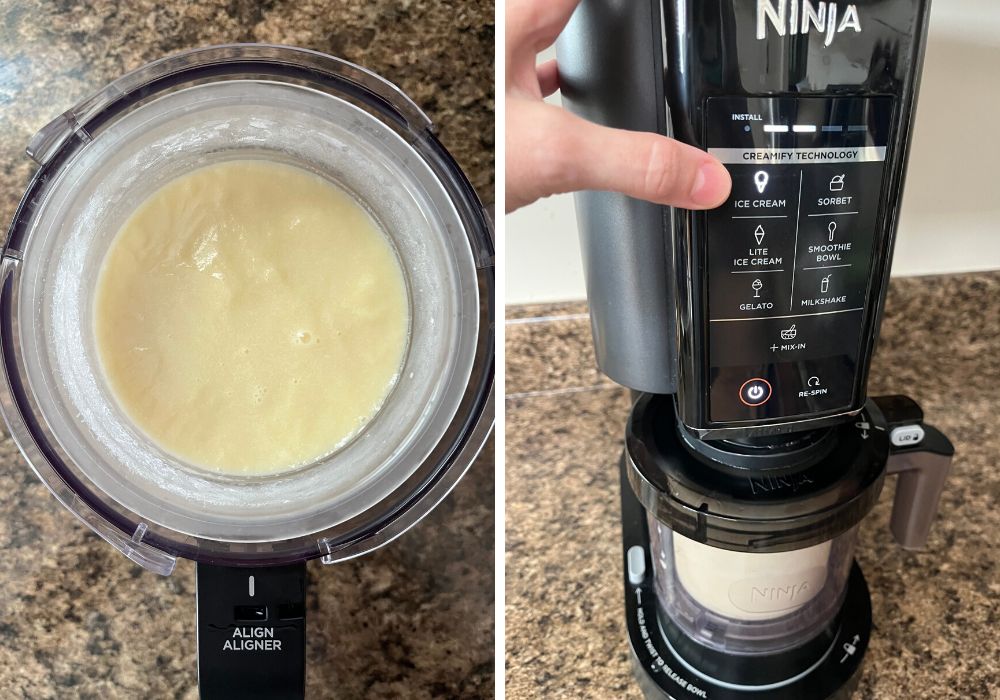 two photos; one shows the frozen pint of sweet cream base in the outer bowl apparatus. The other shows the outer bowl in the ninja creami machine, with a woman's finger pointing to the Ice Cream button.