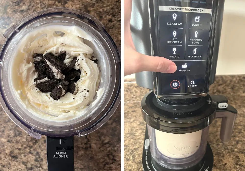 two photos; one shows chopped oreo cookies added to a well in the ninja creami pint; the other shows a woman's finger pointing to the Mix-In button on the Ninja Creami machine.