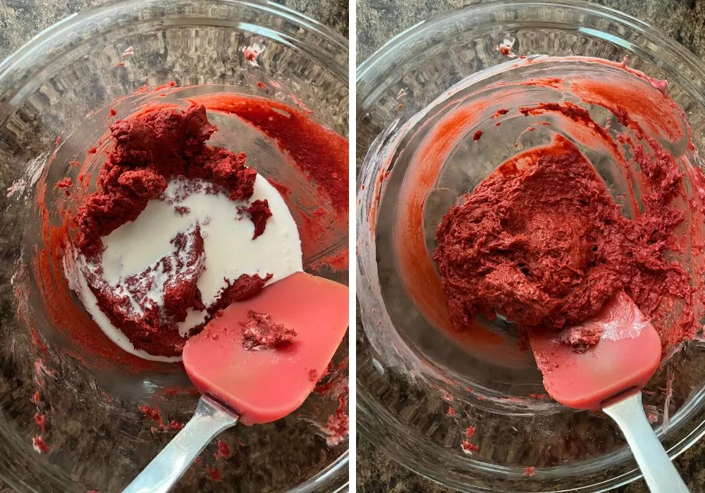 two photos; one shows a bit of milk added to the red velvet mixture in the bowl; the other shows the milk now incorporated into the mixture.
