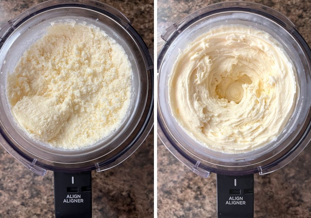 two photos; one is after the first spin, with crumbly texture, the other is after the re-spin function, with creamy texture.