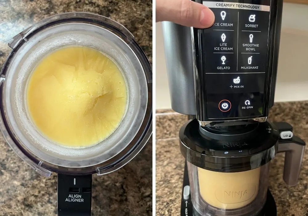 two photos; one shows an overhead view of a ninja creami pint filled with frozen base for vanilla ice cream resting in the outer bowl; the other shows a woman's finger pointing to the ice cream button on the ninja creami machine.