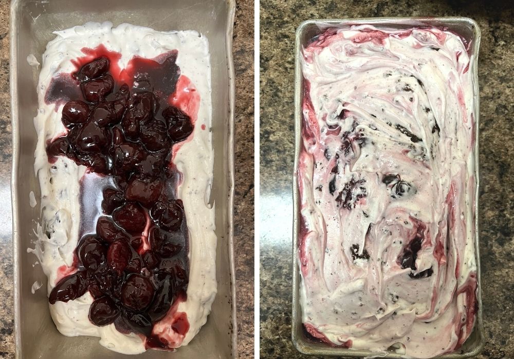 two photos; one shows cherry sauce spooned over the ice cream base in a loaf pan, the other shows the mixture swirled gently together.