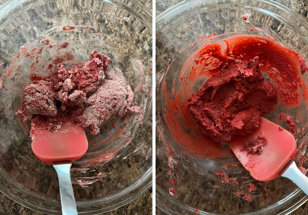 two photos; one shows cream cheese and dry cake mix being mixed together with a spatula in a glass mixing bowl; the other shows the ingredients combined fully into a thick paste.