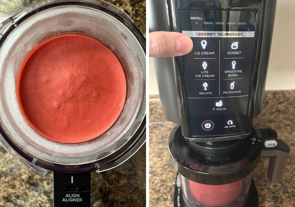 two photos; one shows a frozen pint of red velvet ice cream base placed in the outer bowl apparatus. The other shows the outer bowl secured in the ninja creami machine, and a woman's finger points to the ice cream button.