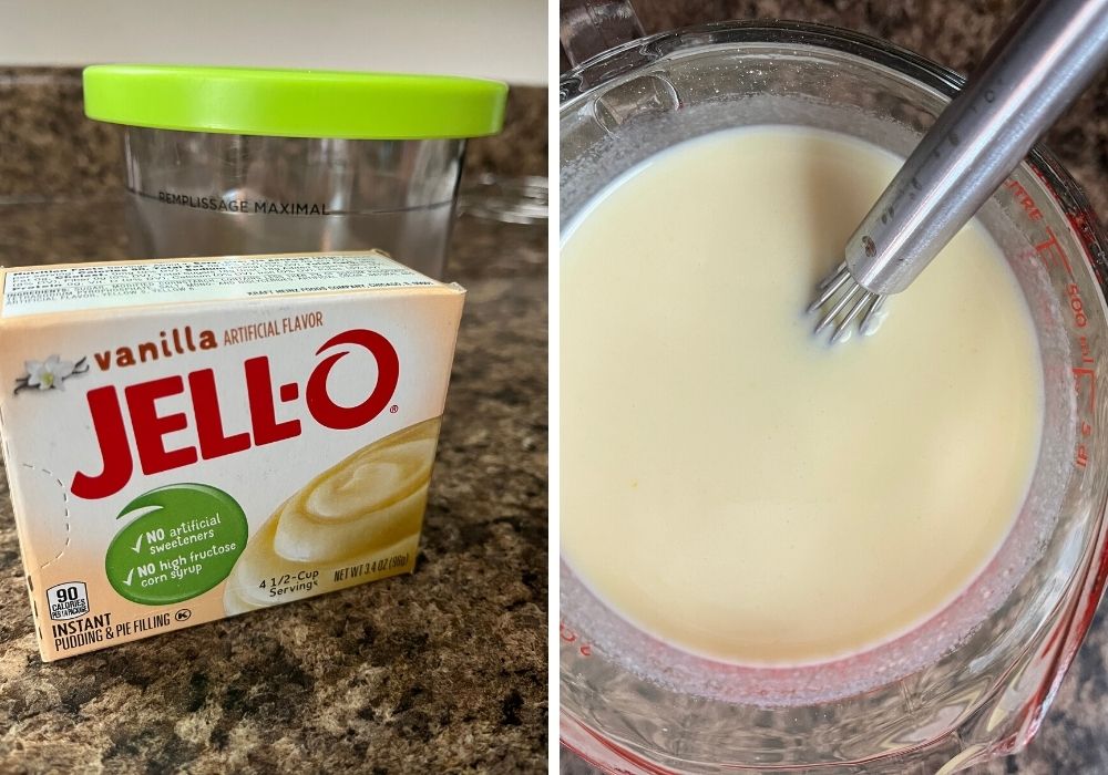 two photos; one shows a box of Jello Vanilla pudding mix in front of a Ninja Creami pint; the other shows the mix dissolved in some milk in a large measuring cup with a whisk.