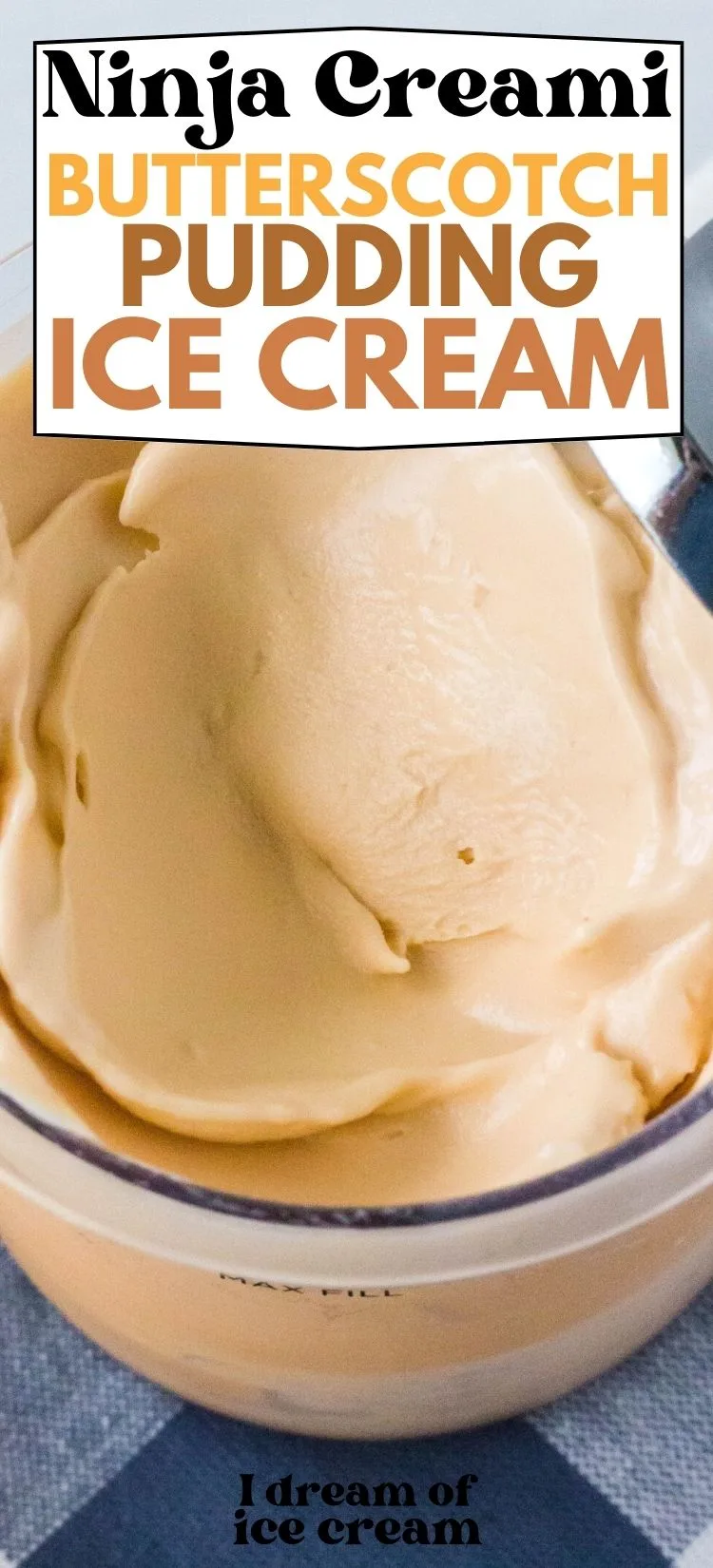 close-up view of Ninja Creami butterscotch ice cream in a pint container.