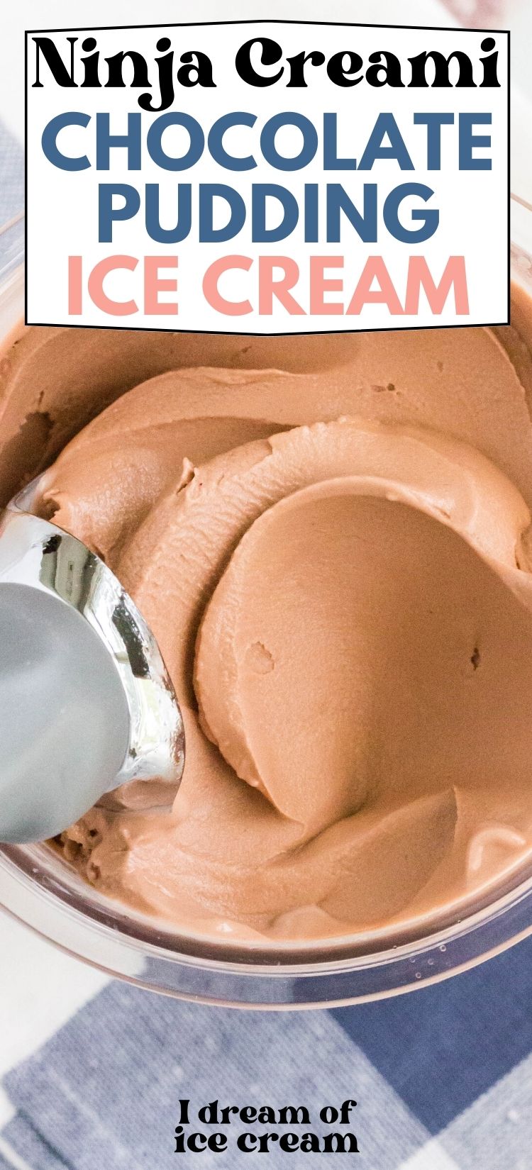 close-up view of an ice cream scoop swirling chocolate pudding ice cream in a Ninja Creami pint container.