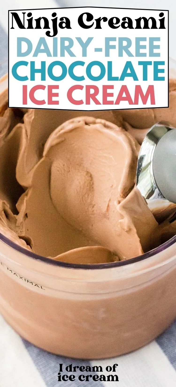 close-up of an ice cream scoop swirling Ninja Creami dairy free chocolate ice cream.
