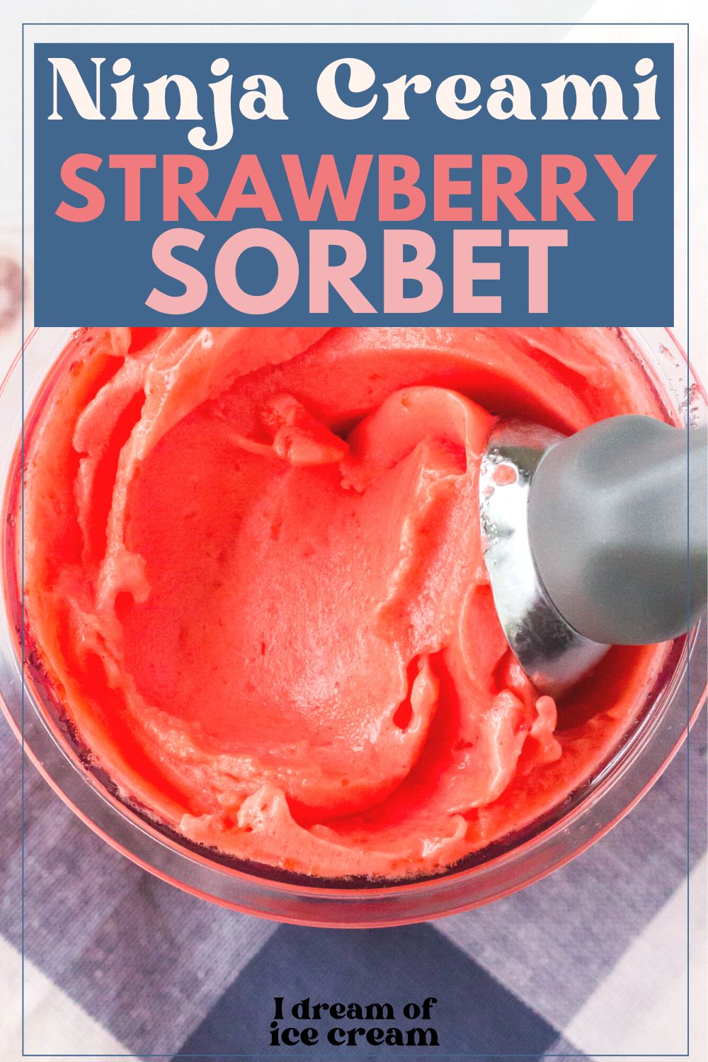 overhead view of a Ninja Creami pint container of strawberry sorbet made with Jell-O gelatin.