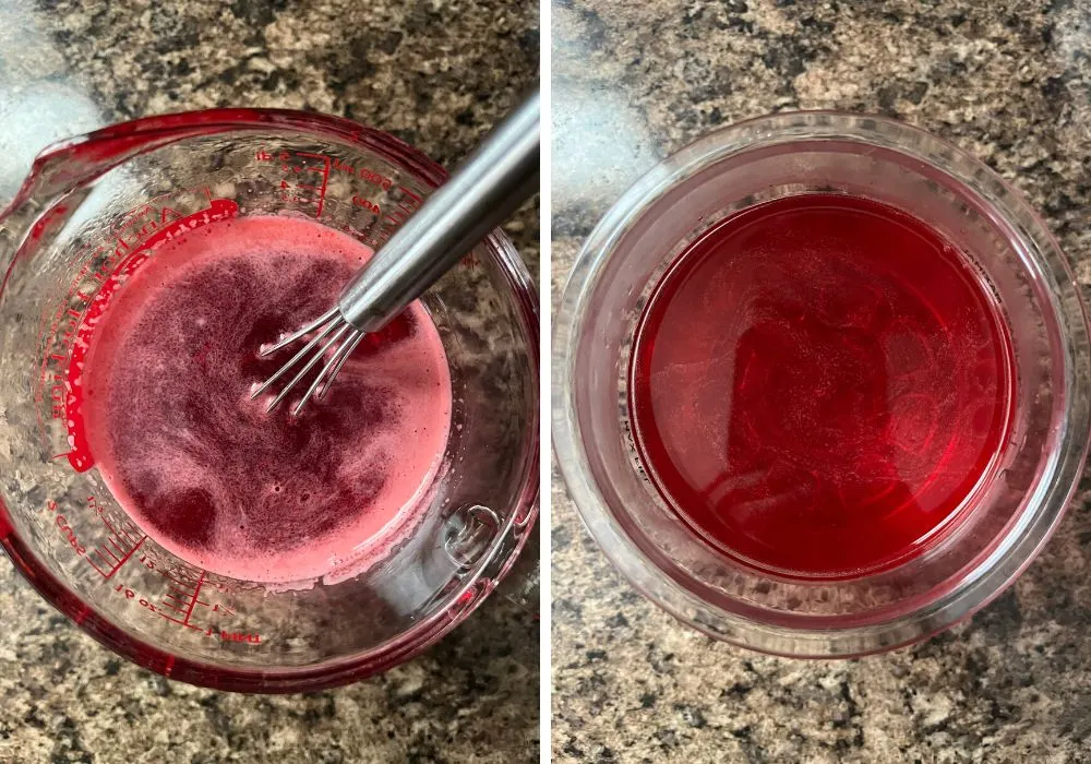 two photos; one shows strawberry gelatin whisked into hot apple juice, the other shows the mixture in a ninja creami pint container.