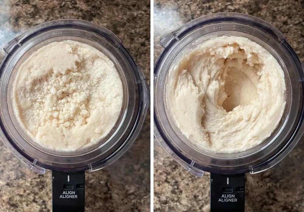 two photos; one shows crumbly pear sorbet after its first spin in the Ninja Creami. The other shows the same sorbet after a Re-spin, and it's smooth and creamy.