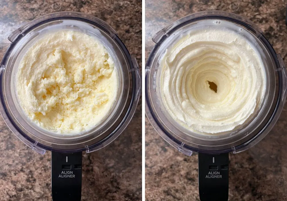 two photos; one shows a Ninja Creami pint of crumbly pina colada ice cream after the first spin; the other shows the creamy ice cream after a Re-spin.