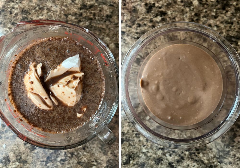 two photos; one shows coconut cream added to pudding mixture; the other shows the ingredients blended together and poured into a Ninja Creami pint container.