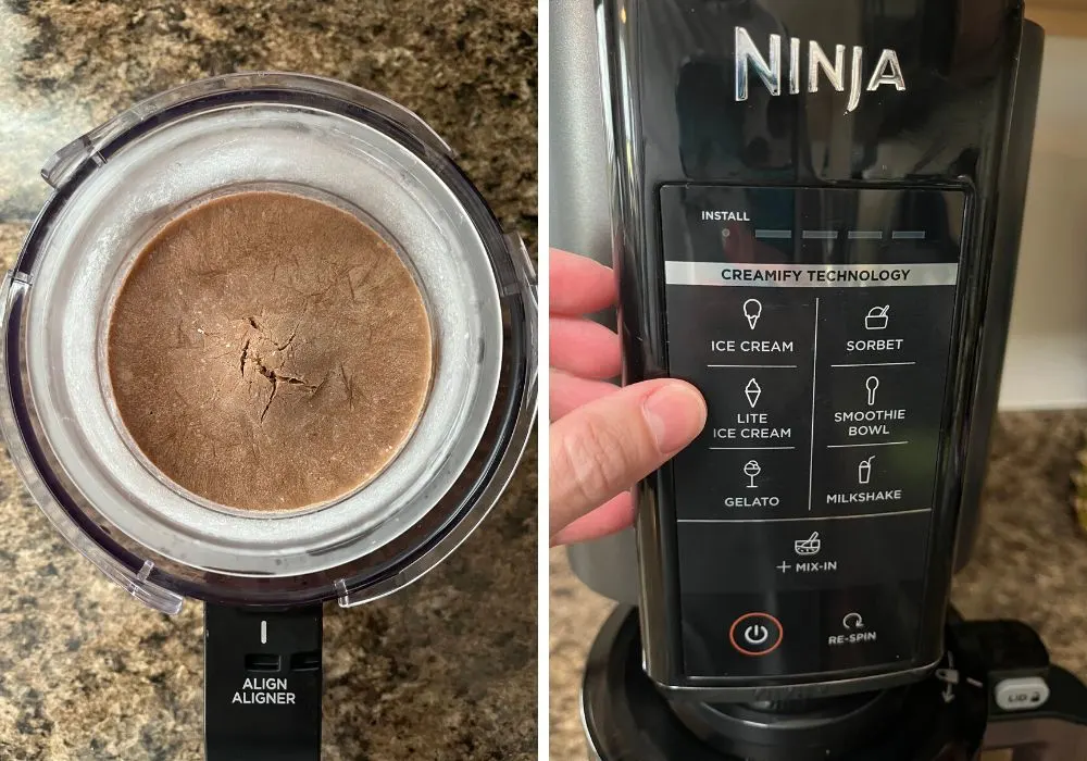 two photos; one shows a frozen pint container of dairy free chocolate ice cream base, placed in the outer bowl apparatus. The other shows a woman's finger pointing to the Lite Ice Cream button on the Ninja Creami.