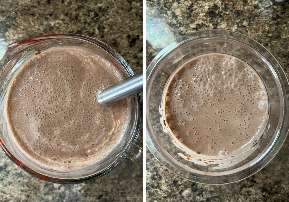 two photos; one shows heavy cream and vanilla extract added to the mixture in the measuring cup; the other shows the mixed ingredients transferred to a Ninja Creami pint container.