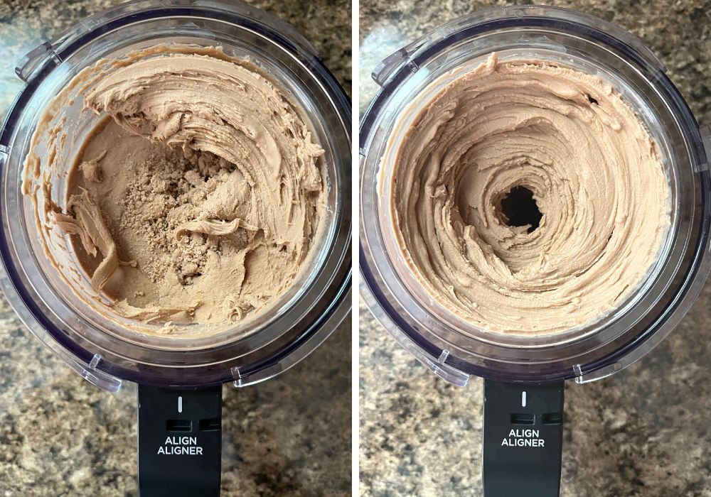 two photos; one shows slightly crumbly ice cream in a ninja creami pint; the other shows the ice cream after re-spinning, with it's smooth, soft-serve consistency.