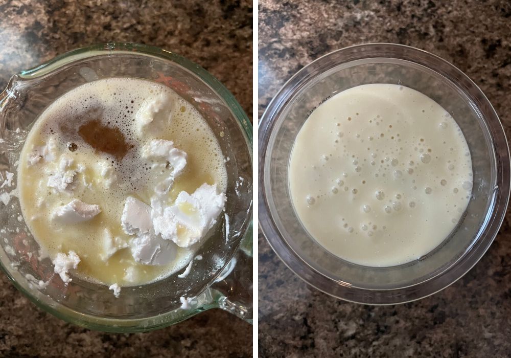 one photo shows coconut cream and vanilla extract added to the milk mixture; the other shows the blended ingredients in a ninja creami pint container.