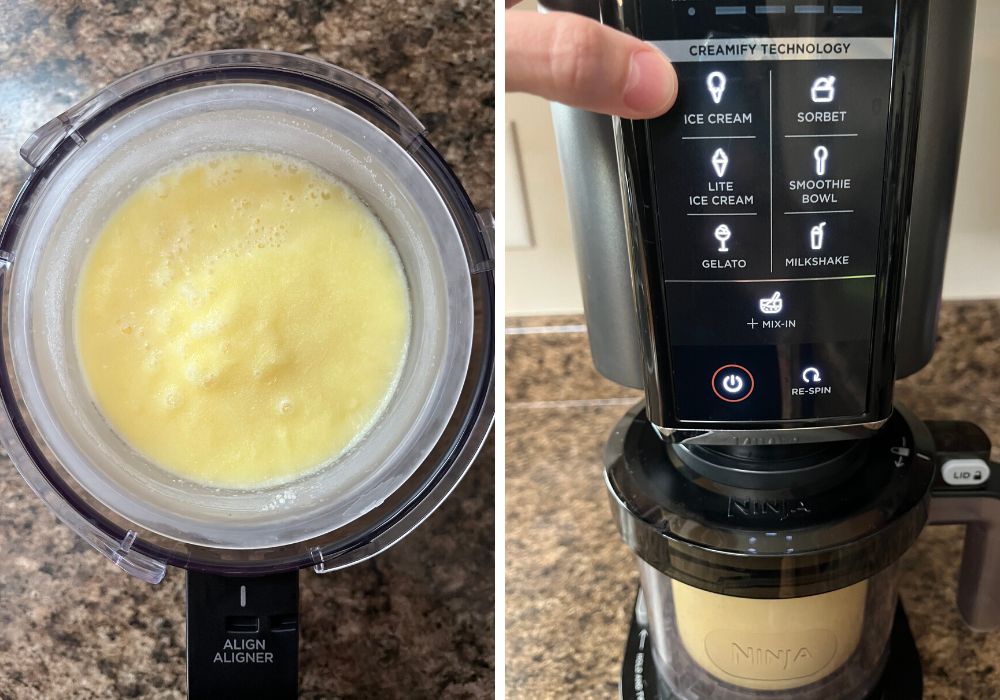 two photos; one shows a frozen base of pina colada ice cream, the other shows the base inserted into the Ninja Creami machine. A woman's finger points to the Ice Cream button.