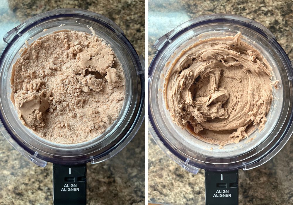 two photos; one shows crumbly chocolate ice cream in a pint container; the other shows the same ice cream after the Re-spin function on the Ninja Creami, resulting in smooth soft ice cream.