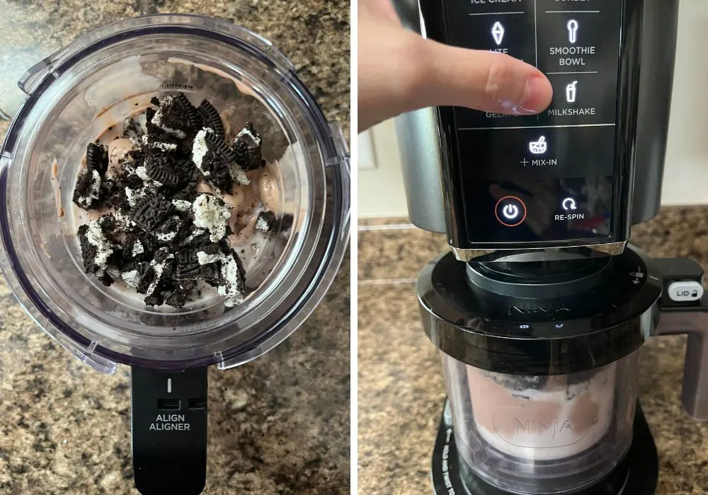 two photos; one shows chopped Oreo cookies added to the milk and ice cream mixture in the Ninja Creami pint container. The other shows the container inserted into the machine, and a woman's finger points to the Milkshake button on the machine.
