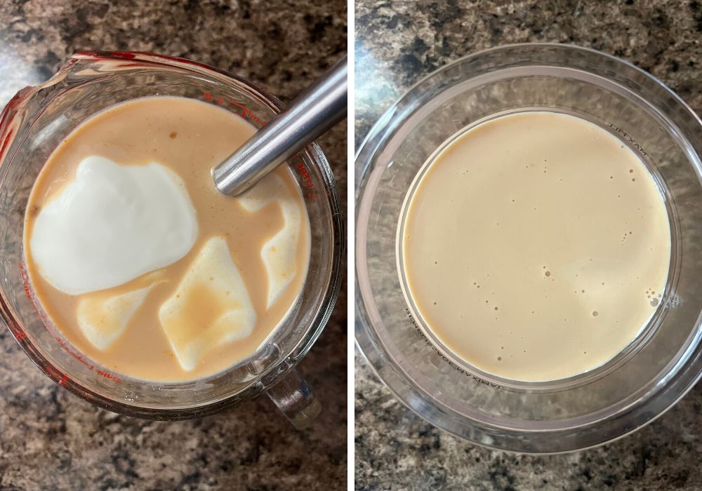 two photos; one shows heavy cream and vanilla extract added to the base mixture; the other shows the base poured into a Ninja Creami pint container, ready to be frozen.