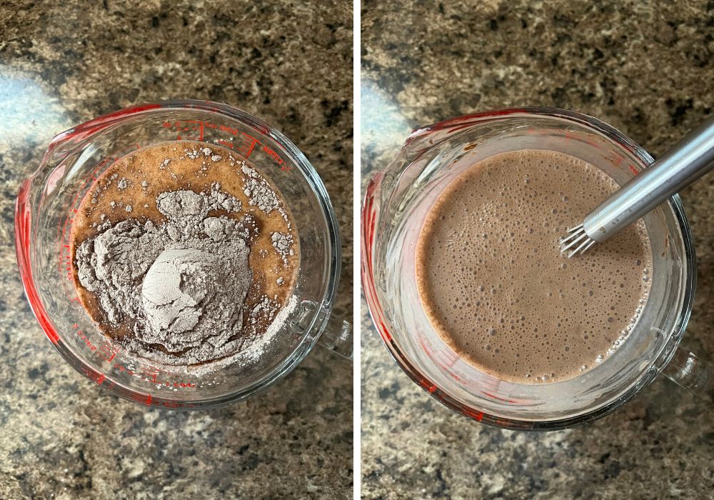 two photos; one shows dry instant pudding mix added to milk in a large measuring cup; the other shows those ingredients whisked together.