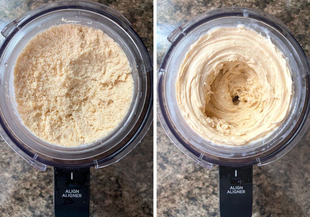 two photos; one shows a pint of crumbly ice cream after the initial spinning; the other shows the same pint after re-spinning, with creamy soft-serve texture.