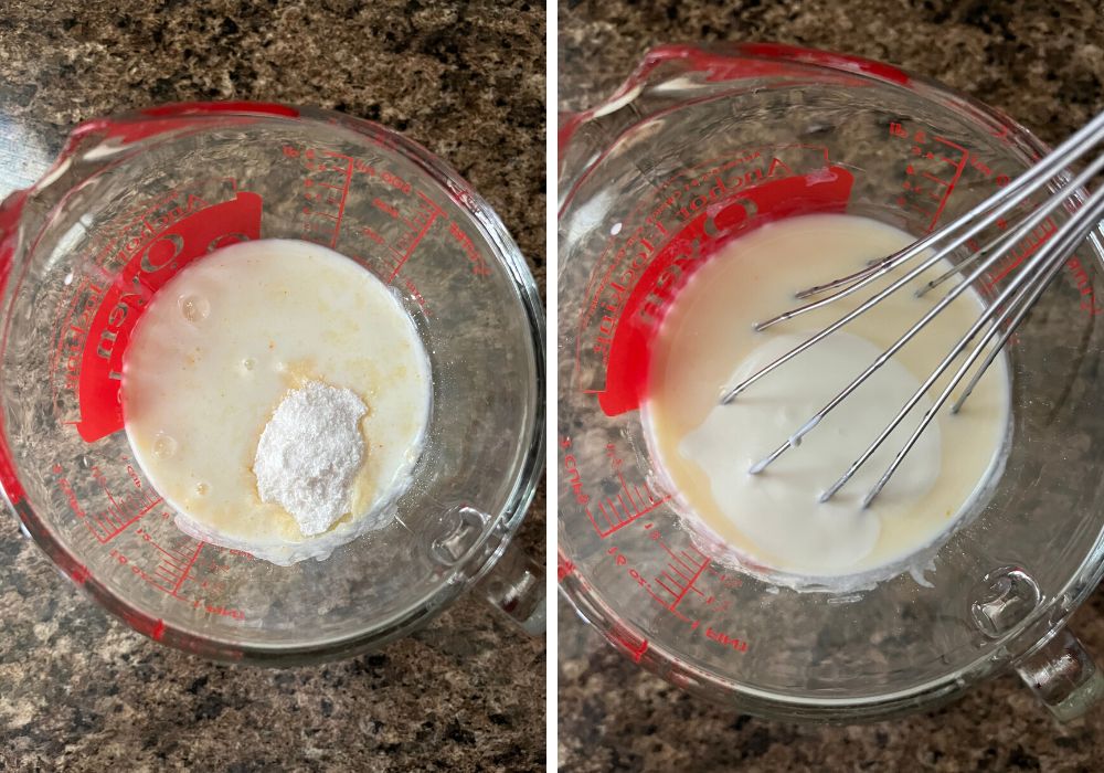 two photos; one shows instant cheesecake pudding mix and milk in a glass measuring cup. The other shows a whisk mixing in heavy cream to the same mixture.
