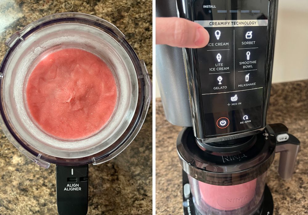 two photos; one shows the overhead view of a Ninja Creami container of frozen cherry ice cream base in the outer bowl; the other shows the outer bowl locked into the machine while a woman's finger points to the Ice Cream button.